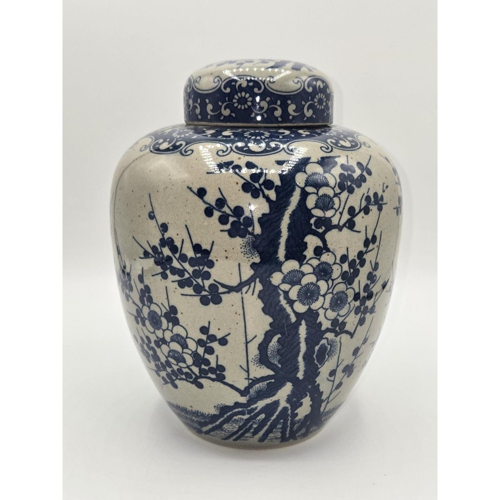 Blue White Ginger Jar Chinoiserie Prunus Blossom Lidded Vase Ceramic 8"